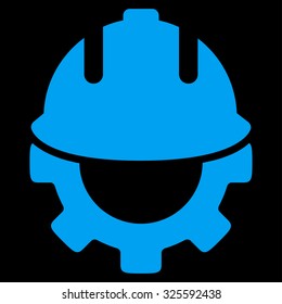 Development vector icon. Style is flat symbol, blue color, rounded angles, black background.