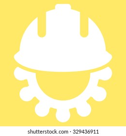 Development vector icon. Style is flat symbol, white color, rounded angles, yellow background.