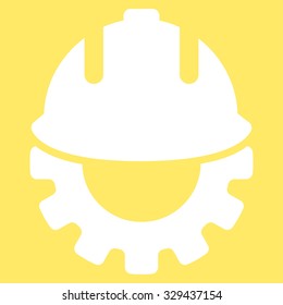 Development vector icon. Style is flat symbol, white color, rounded angles, yellow background.