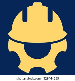 Development vector icon. Style is flat symbol, yellow color, rounded angles, blue background.