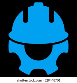 Development vector icon. Style is flat symbol, blue color, rounded angles, black background.