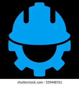 Development vector icon. Style is flat symbol, blue color, rounded angles, black background.