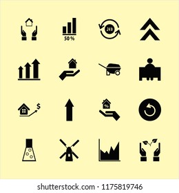 development vector icons set. with up arrow, windmill, diagram and hand house in set