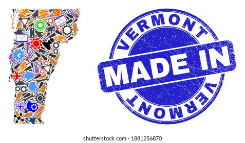 Development Vermont State map mosaic and MADE IN distress stamp seal. Vermont State map collage formed with wrenches, gearwheels, tools,items,vehicles, electric sparks,rockets.