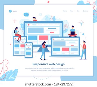 Development of web design for different devices. Landing page template. Responsive design. Flat vector illustration.