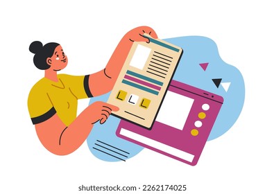 Development of web product and business analytics, isolated employee working on interface of website. Worker with tools and instruments for improvement of design and look. Vector in flat style