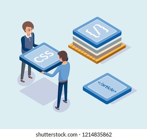 Development of web sites, developers with blocks vector. People carrying css coding, programming and article, optimization of script, secure browsing