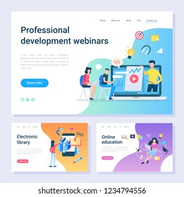 Development webinar, electronic library, online education web pages. Internet learning, programming and information digital source vector illustration