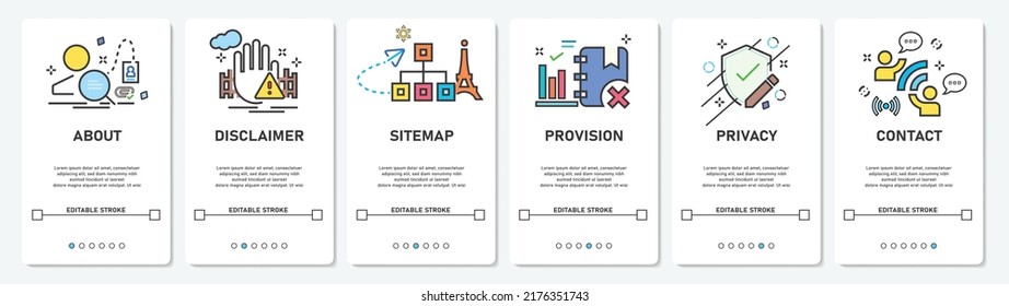 Development Website Menu About, Disclaimer, Privacy, Provision, Contact. Sitemap Mobile App Screens Simple Vektor Flat Design Illustration