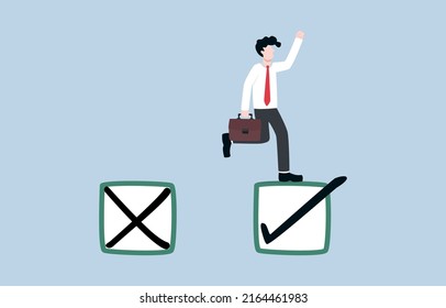 Development In Work, Career Improvement, Learning From Mistakes For Success, Changing To Right Direction Concept. Smart Businessman Jump From Crossed Check Box To Ticked Check Box.