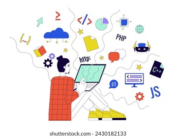 Development world 2D linear illustration concept. Coding process. Programmer with laptop cartoon character isolated on white. Software engineer at work metaphor abstract flat vector outline graphic