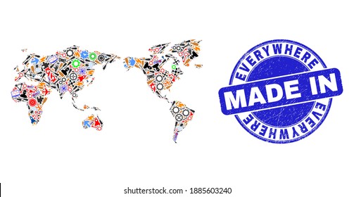 Development world map mosaic and MADE IN distress watermark. World map collage composed with wrenches,wheels, tools,elements,transports, electric bolts,bugs.