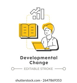 Ícone de conceito linear moderno de mudança de desenvolvimento. Melhorar os processos existentes. Tipo de transformação organizacional. Elementos de contorno plano conectados com linhas pontilhadas. Visual criativo. Fácil de editar