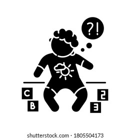 Developmental delay black glyph icon. Child with difficulty of learning. Cognitive ability problem. Baby with genetic chronic disability. Silhouette symbol on white space. Vector isolated illustration