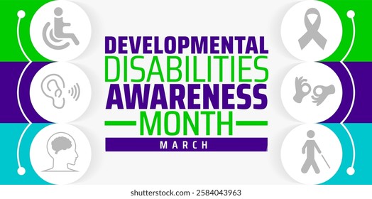 Developmental Disabilities Awareness Month background banner or poster design template. observed every year in March. Holiday concept. Use to any Template, card, poster, placard, template.