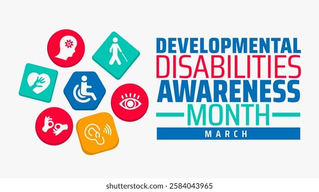 Developmental Disabilities Awareness Month background banner or poster design template. observed every year in March. Holiday concept. Use to any Template, card, poster, placard, template.