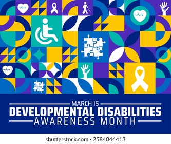 Developmental Disabilities Awareness Month geometric shape pattern background banner or poster design template. observed every year in March. Holiday concept. Use to any Template, card, poster.