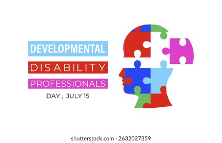 Developmental Disability Professionals Day is celebrated on July 15. People, heart ,puzzle and hand icon banner. Design for web banner, cards, prints, social media and background design template.
