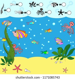 Developmental game for children. Vector illustration. Count how many marine inhabitants in the picture.