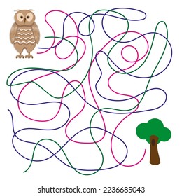 A developmental task for children's books, a children's illustration with an owl and a task to find the way to the dwelling. Vector illustration