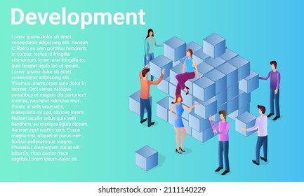 Development.People are engaged in folding figures from cubes.The concept of analysis and testing.A business-style poster.Flat vector illustration.