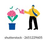 Develops own intelligence concept. Business man watering plants growing on human brain. Flat vector illustration isolated on white background