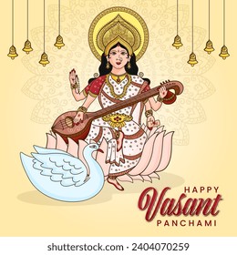 Devi Maa Saraswati for Happy Basant Panchami Puja of India. Vector Illustration Design