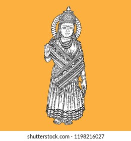 Devi Parvati classic traditional Hindu deity hand drawing. Vector.