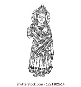Devi Parvati classic traditional Hindu deity hand drawing. Vector.