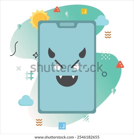 Devi Zealous Emoji Expression on Smartphone Screen - Cheerful Digital Illustration with White Background and Abstract Shapes | Devi Zealous emoji icon design on smartphone screen
