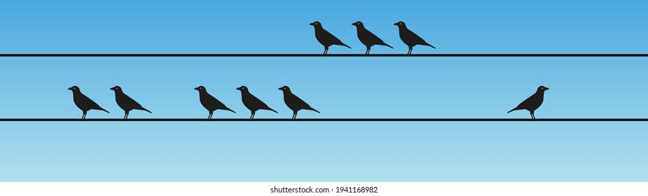 Deviant bird alone in flock, minimal vector illustration design, blue sky background