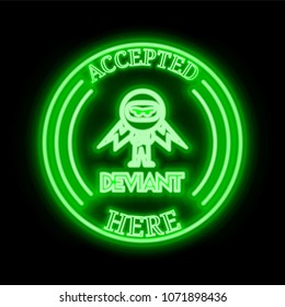 DeviantCoin (DEV) green  neon cryptocurrency symbol in round frame with text "Accepted here"
