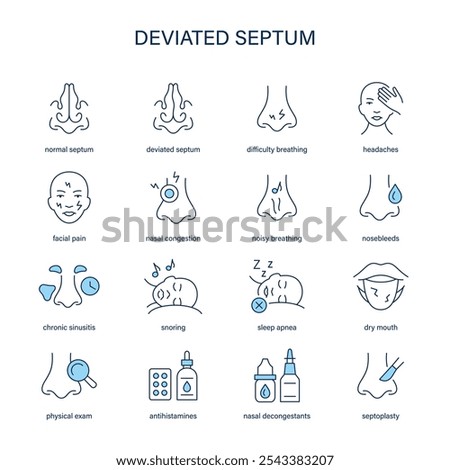Deviated Septum symptoms, diagnostic and treatment vector icon set. Medical icons.
