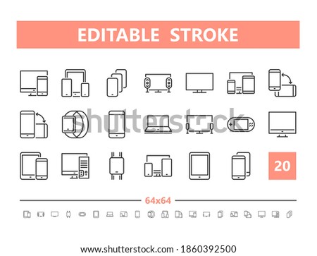 Device 20 line icons. Vector illustration in line style. Editable Stroke, 64x64, 256x256, Pixel Perfect.