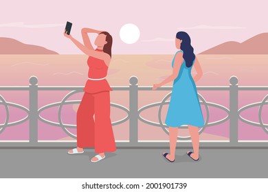 Device addiction flat color vector illustration. Woman taking selfie on smartphone while friend wait. People with communication problem 2D cartoon characters with sunset seaside on background