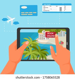Geräteanwendung für die Buchung von Ticket und Hotel, Vektorgrafik. App für Reisen mit Resort auf mobilem Flachbildschirm. Online-Appartement Reservierung Konzept, Plan Cartoon Reise auf Urlaub.