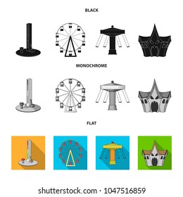 The device with a bat for measuring strength, a ferris wheel, a carousel, a house with windows. Amusement park set collection icons in black, flat, monochrome style vector symbol stock illustration