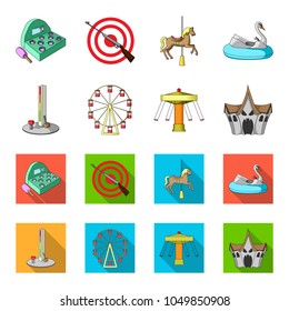 The device with a bat for measuring strength, a ferris wheel, a carousel, a house with windows. Amusement park set collection icons in cartoon,flat style vector symbol stock illustration web.