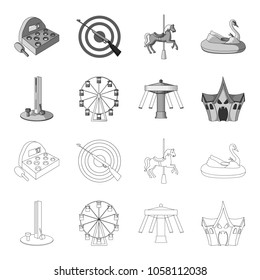 The device with a bat for measuring strength, a ferris wheel, a carousel, a house with windows. Amusement park set collection icons in outline,monochrome style vector symbol stock illustration web.