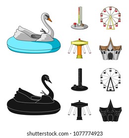 The device with a bat for measuring strength, a ferris wheel, a carousel, a house with windows. Amusement park set collection icons in cartoon,black style vector symbol stock illustration web.