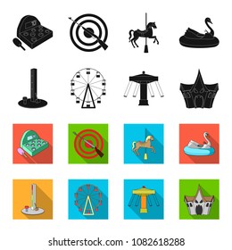 The device with a bat for measuring strength, a ferris wheel, a carousel, a house with windows. Amusement park set collection icons in black,flet style vector symbol stock illustration web.