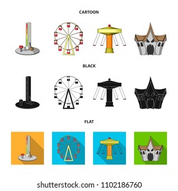 The device with a bat for measuring strength, a ferris wheel, a carousel, a house with windows. Amusement park set collection icons in cartoon,black,flat style vector symbol stock illustration web.