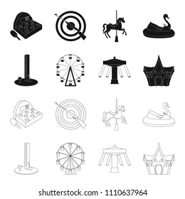 The device with a bat for measuring strength, a ferris wheel, a carousel, a house with windows. Amusement park set collection icons in black,outline style vector symbol stock illustration web.
