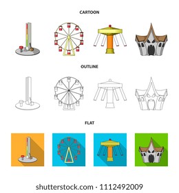 The device with a bat for measuring strength, a ferris wheel, a carousel, a house with windows. Amusement park set collection icons in cartoon,outline,flat style vector symbol stock illustration web.