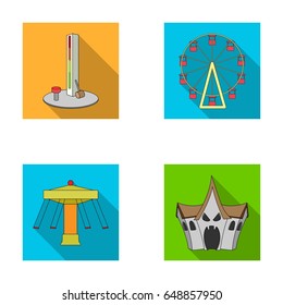 The device with a bat for measuring strength, a ferris wheel, a carousel, a house with windows. Amusement park set collection icons in flat style vector symbol stock illustration web.