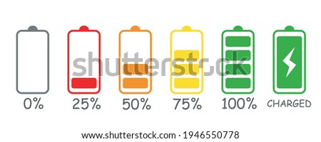 Device battery charging level icons. 0 - 100% battery charge.