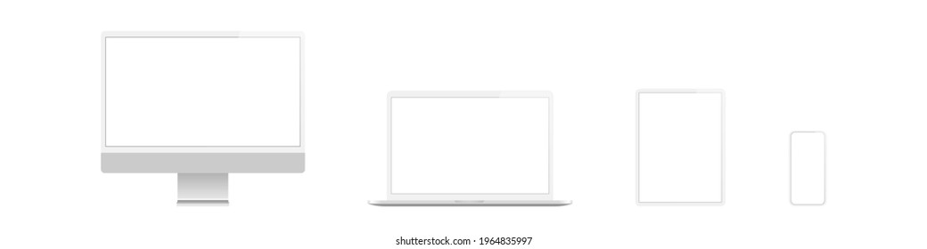 Device blank screen mockup. Realistic pc computer, laptop, tablet, mobile phone mock up. Vector isolated