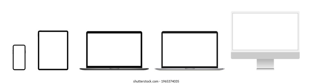 Device blank screen mockup. Realistic pc computer, laptop, tablet, mobile phone mock up. Vector isolated