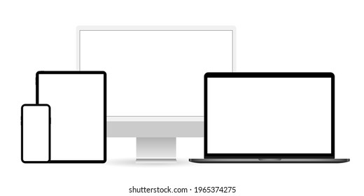 Device blank screen mockup. Realistic pc computer, laptop, tablet, mobile cellphone mock up. Vector isolated 