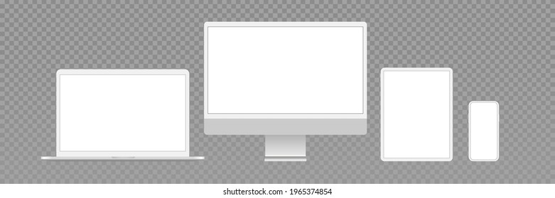 Device blank screen mockup. Realistic pc computer, laptop, tablet, mobile cellphone mock up. Vector isolated 
